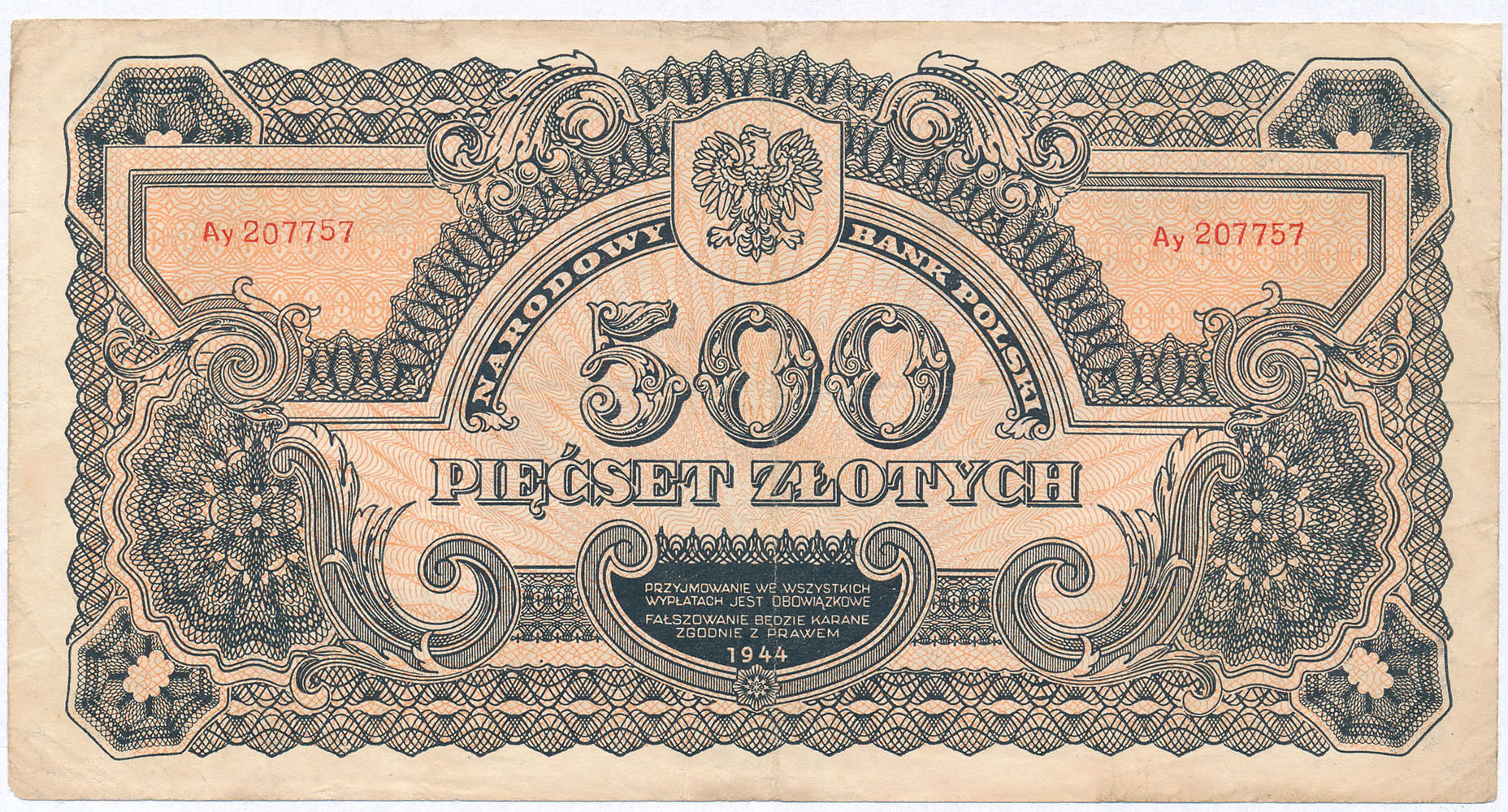 500 złotych 1944 seria Ay - OBOWIĄZKOWE - RZADKOŚĆ R5
